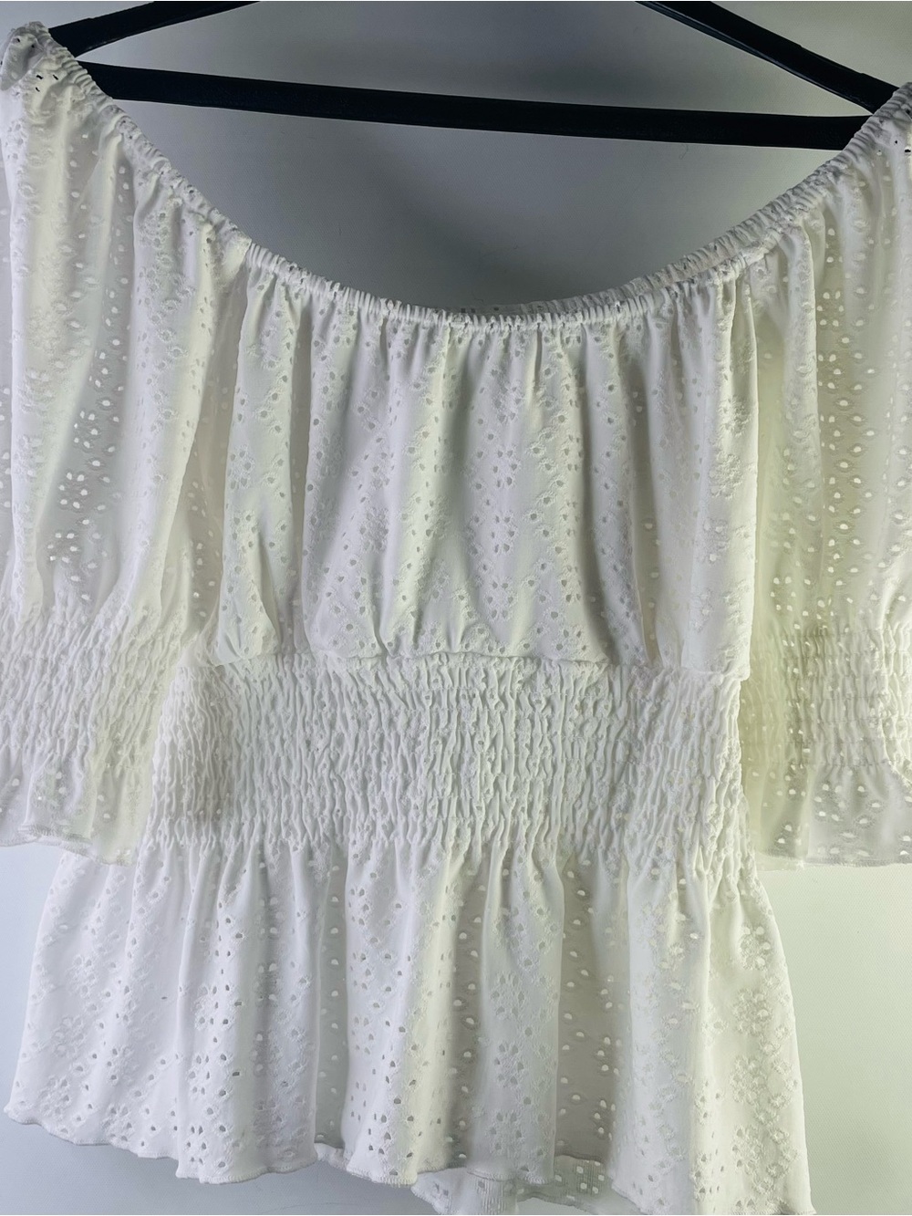 White Eyelet Off-Shoulder Smocked Peplum Blouse
